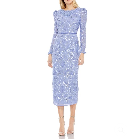 Mac Duggal Periwinkle Blue Embellished High Neck Puff Sleeve Fitted Dress